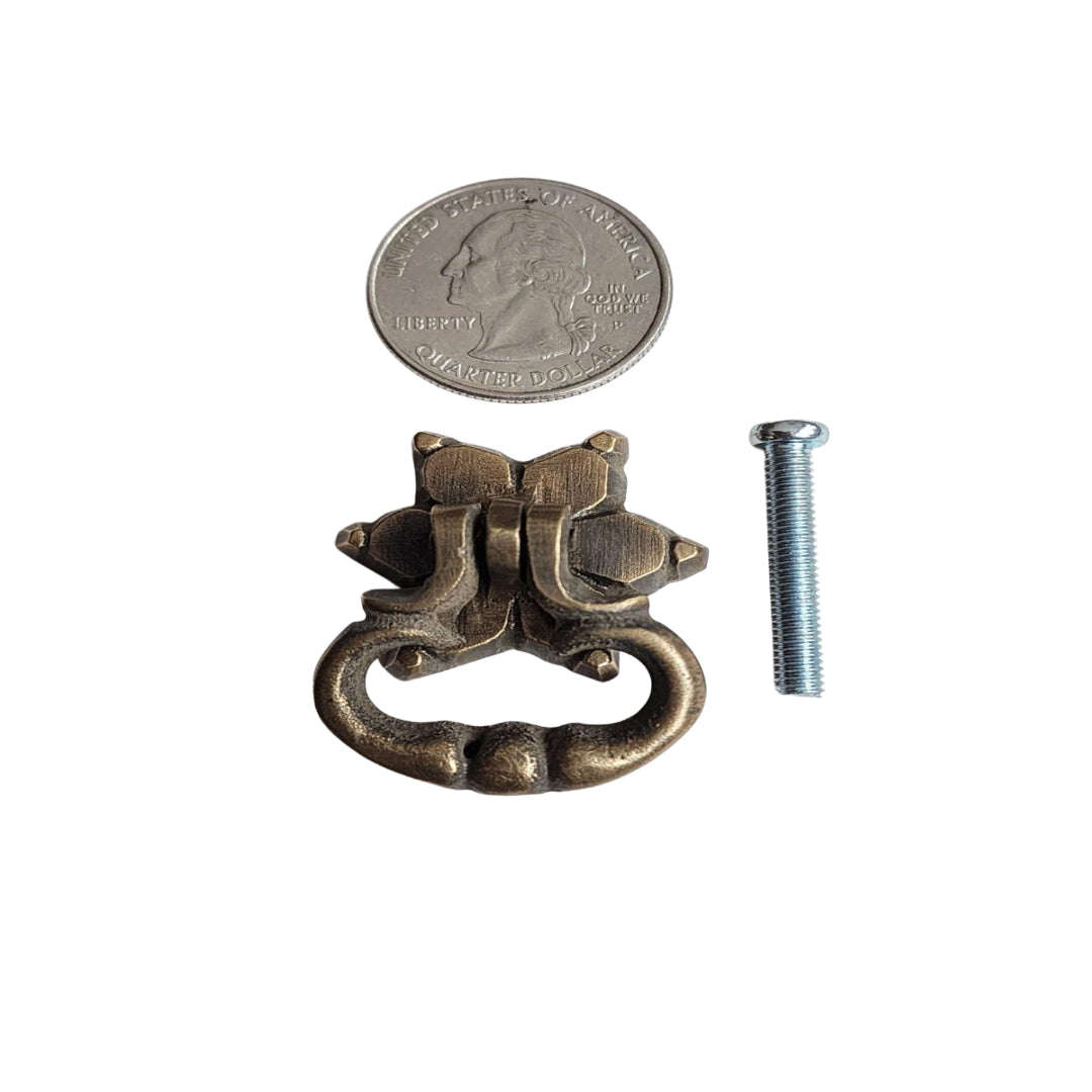 4 Small Ornate Drop Ring Drawer Pulls Handles Hardware in Solid Brass w. Star Floral back Plate #H14