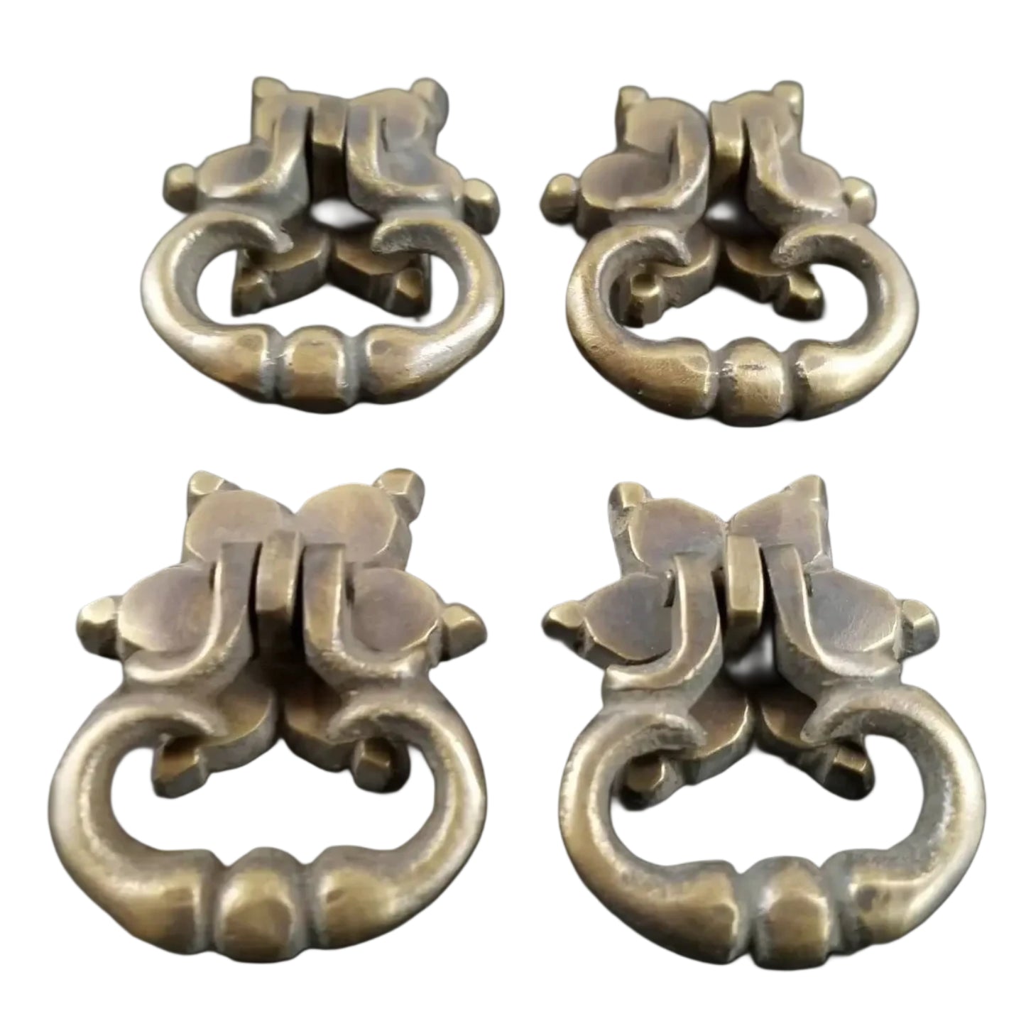 4 x Small Ornate Drop Ring Drawer Pulls Handles Hardware in Solid Brass with Star Floral back Plate #H14