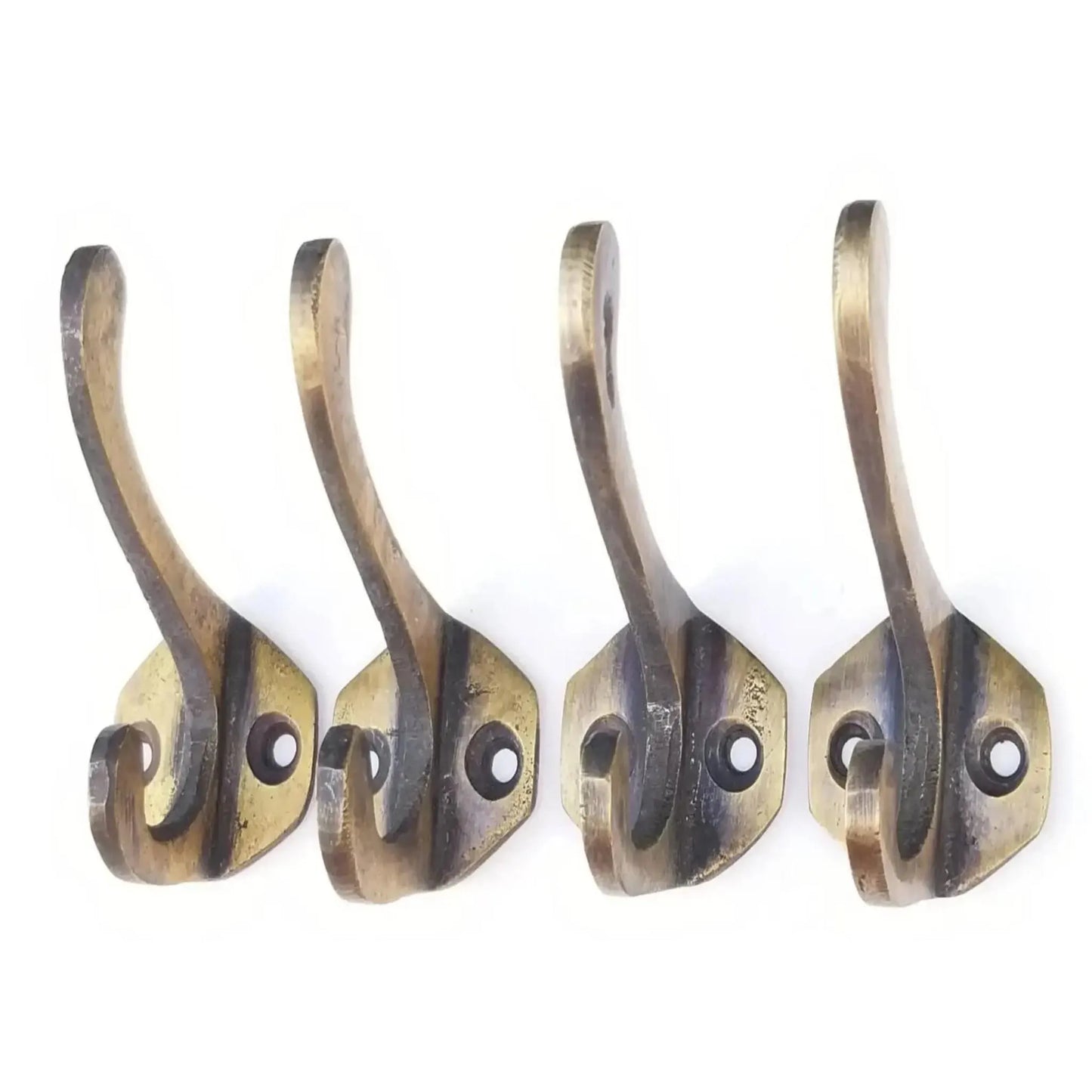 4 Antique Vintage Solid Brass Coat, Hat, Towel Double Hooks with 6 sided backplate 2 1/4" long #C3