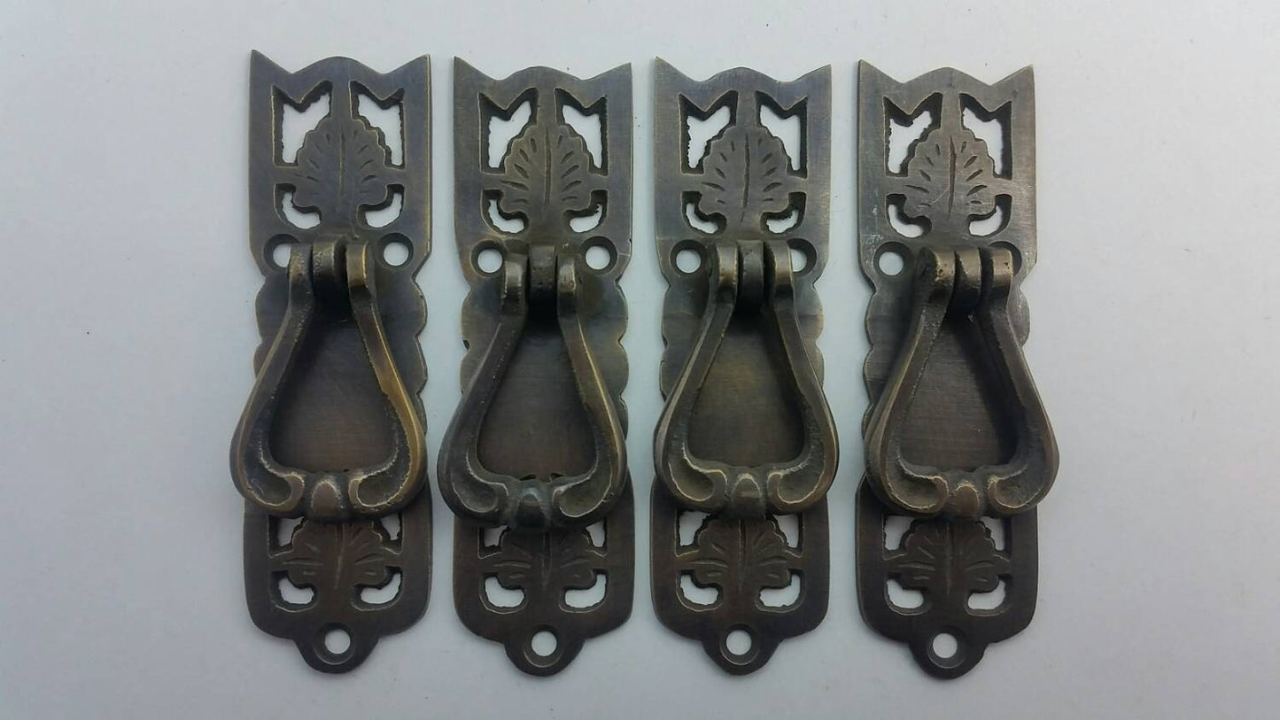 4 x Vertical Handles w. Ring Pull Leaf Design Arts and Crafts 3 3/8" #H21