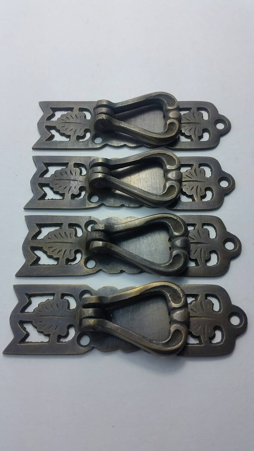 4 x Vertical Handles w. Ring Pull Leaf Design Arts and Crafts 3 3/8" #H21