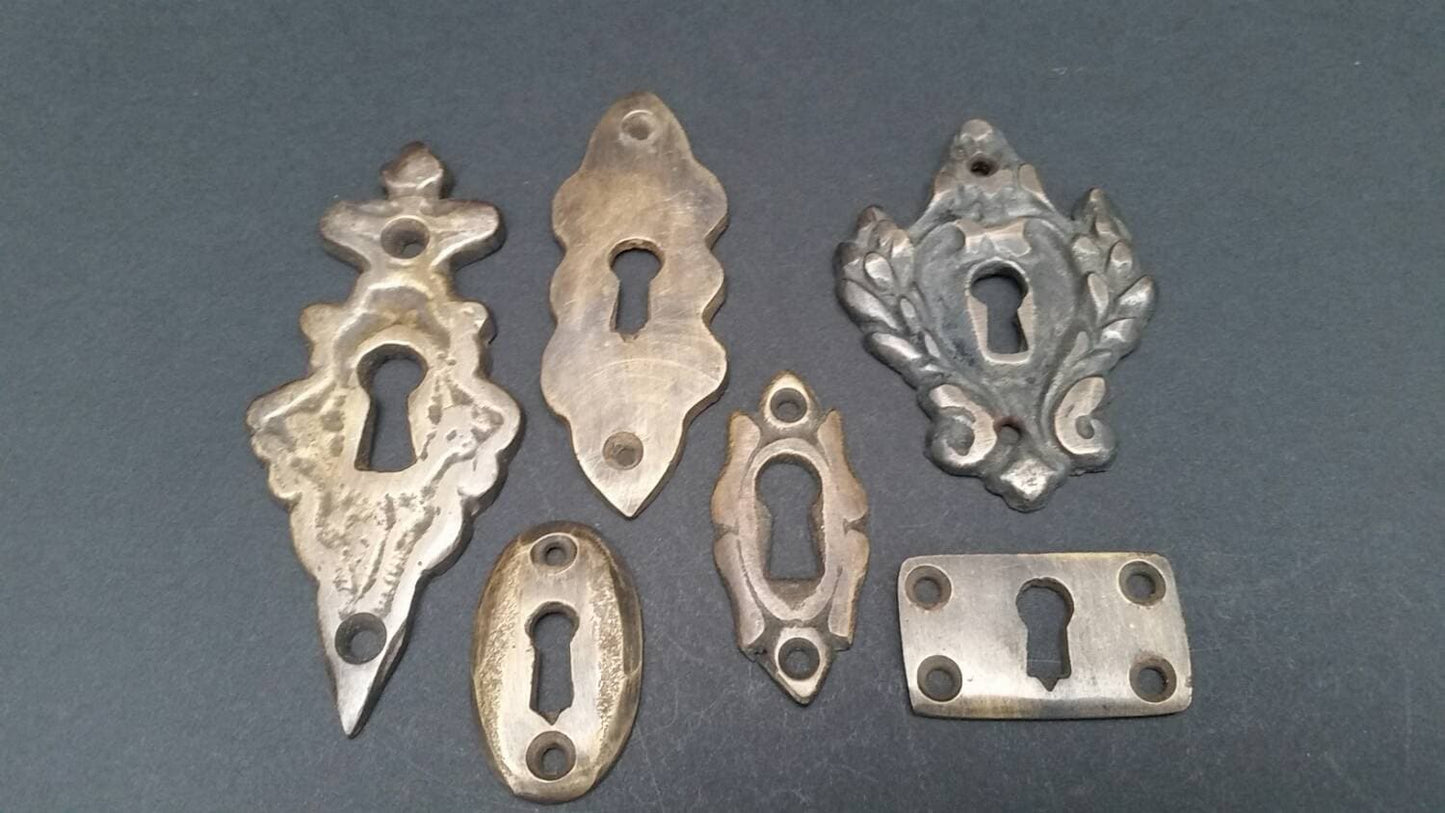 Sets of 6 Various Vintage Antique Style Eschutcheons, Key Hole Covers Ornate Solid Brass approx 1-3" tall jewelry component #E