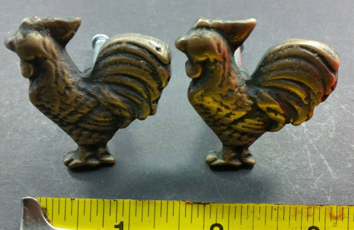 2 x Rooster, Chicken Cabinet Drawer Door Knobs Pulls Solid Brass, Country #K13