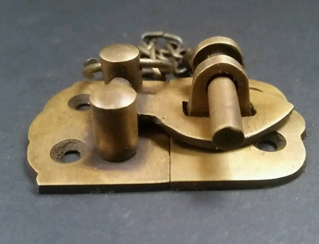 Unique Vintage Style Small Cabinet Door Pin Latch, Jewelry Box Clasp Solid Brass Hasp, Pin Lock 1-7/8" wide #X4