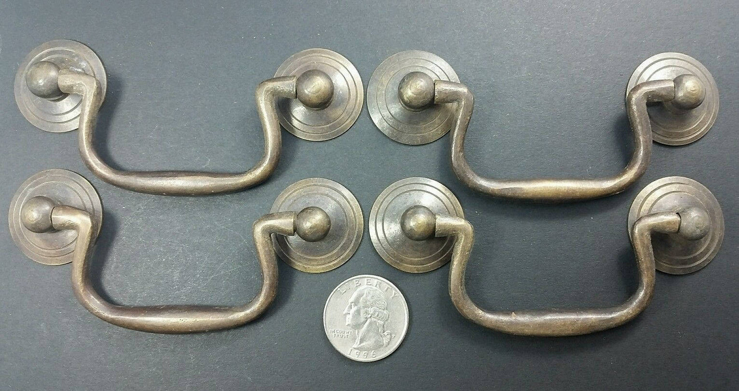 6 x Antique style Solid Brass Swan Neck Bails Cabinet Drawer Pull handles w Bolts approx. 3"cntr #H39