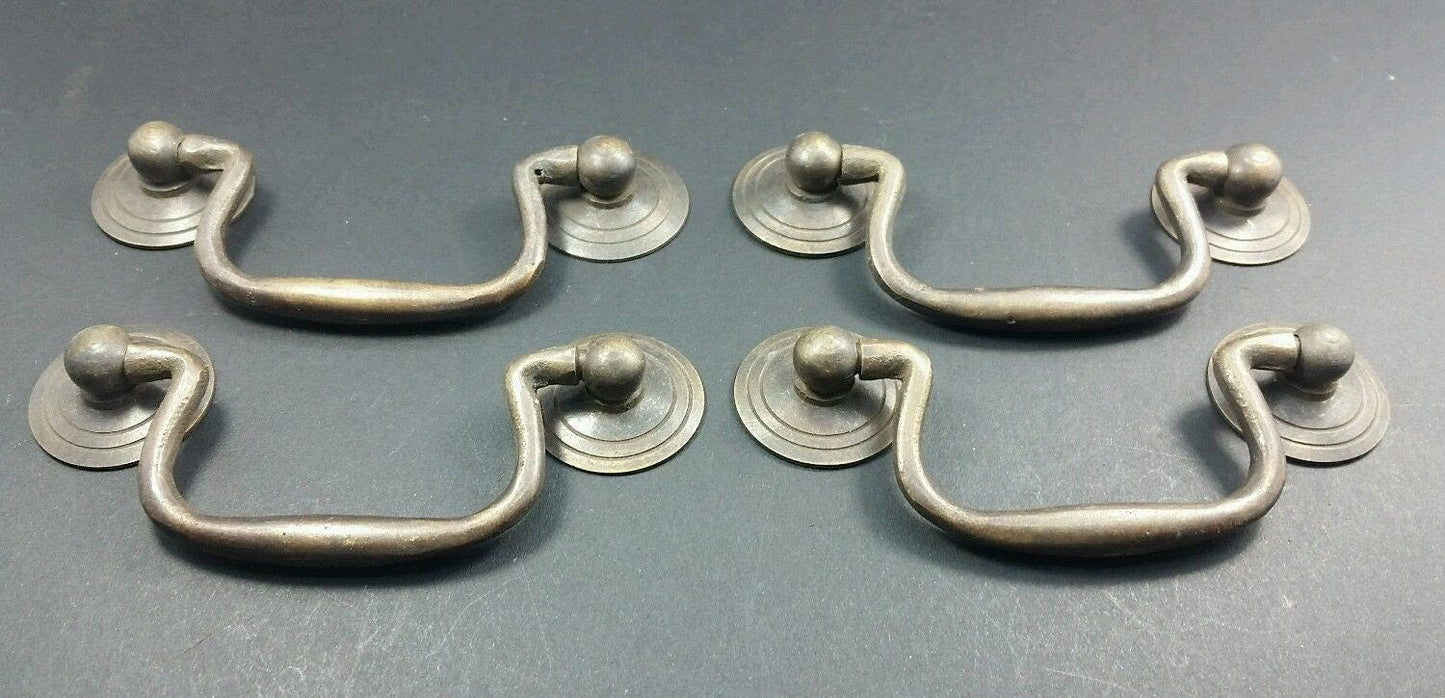 4 x Antique style Solid Brass Swan Neck Bails Cabinet Drawer Pull handles w Bolts approx. 3"cntr.Unlaquered. #H39
