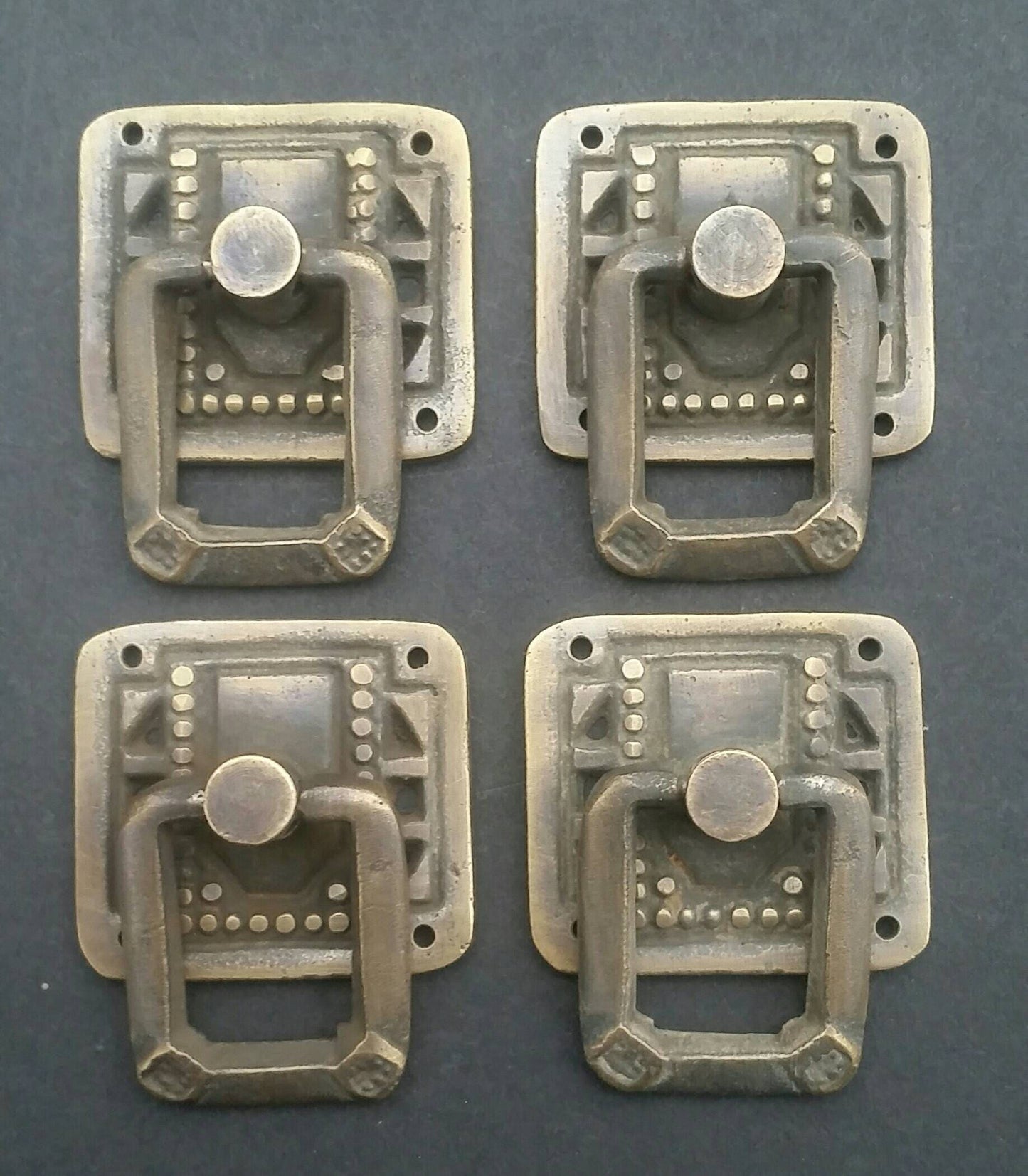 4 x Arts and Crafts Mission antique style brass ring pull handles ~1 1/4" #H29