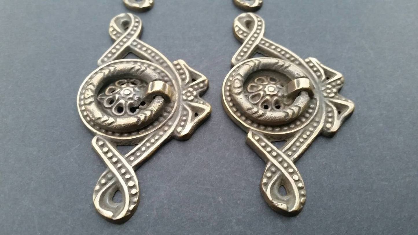 Antique Vintage Ornate Ribbon and Bow Brass Handle Pulls 3-5/16"w. #H22