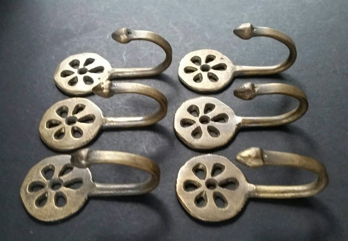 6 x Unique Solid Brass Small Single Coat Towel Wall Hooks Floral Daisy Ornate Backplate, approx 2-3/8" long.Unlaquered. #C5
