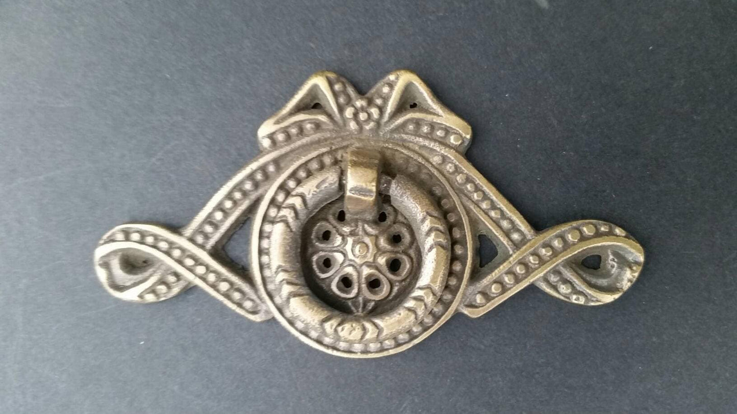 4x Antique Vintage Ornate Ribbon and Bow Brass Handle Pulls 3-5/16"w. #H22