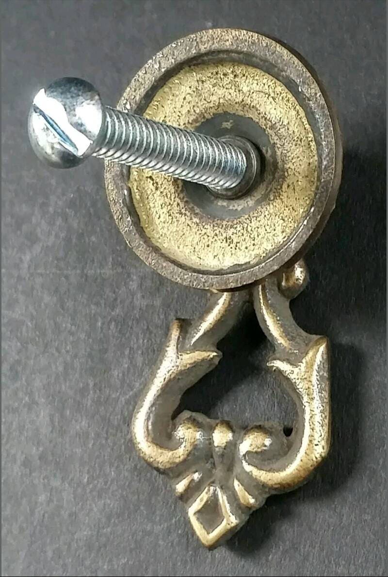 4 x Small Ornate Drop Ring Drawer Pulls Handles Hardware in Solid Brass with round Floral back Plate 2" overall.Unlaquered.#H8