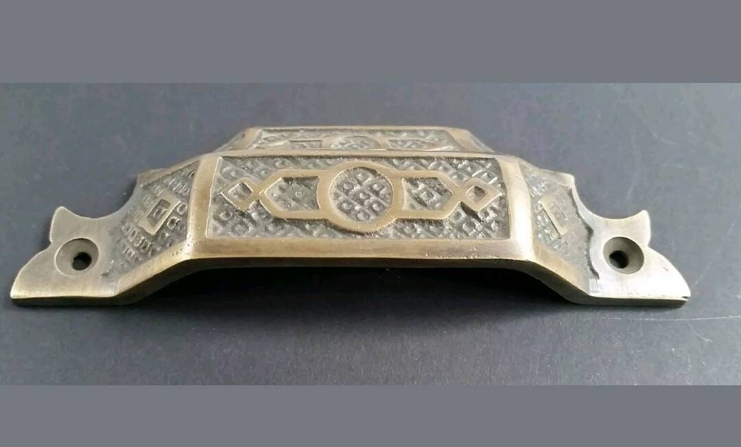2 Antique Vintage Style Solid Brass Victorian Eastlake Apothecary Bin Pull Handles 4-9/16" wide (3-3/4" centers) #A6