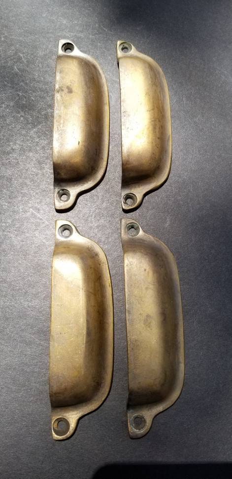4 x Antique Style Brass Apothecary Cup Drawer Cabinet Bin Pulls Handles 3-3/8" centers .Unlaquered. #A19