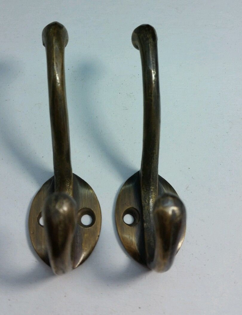 2 x Solid Antique Brass Double Coat Hooks w. Oval Backplate 3" x 2" #C9