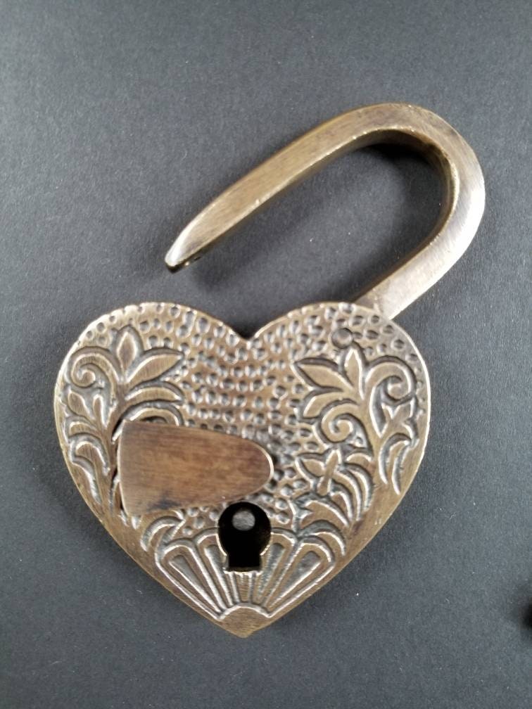 Heart Shaped Love Lock, Commitment Lock, Paris Bridge Lock, Valentine Lock with 2 Ornate Skeleton Keys Solid Quality Brass 3-3/4" tall #L7.