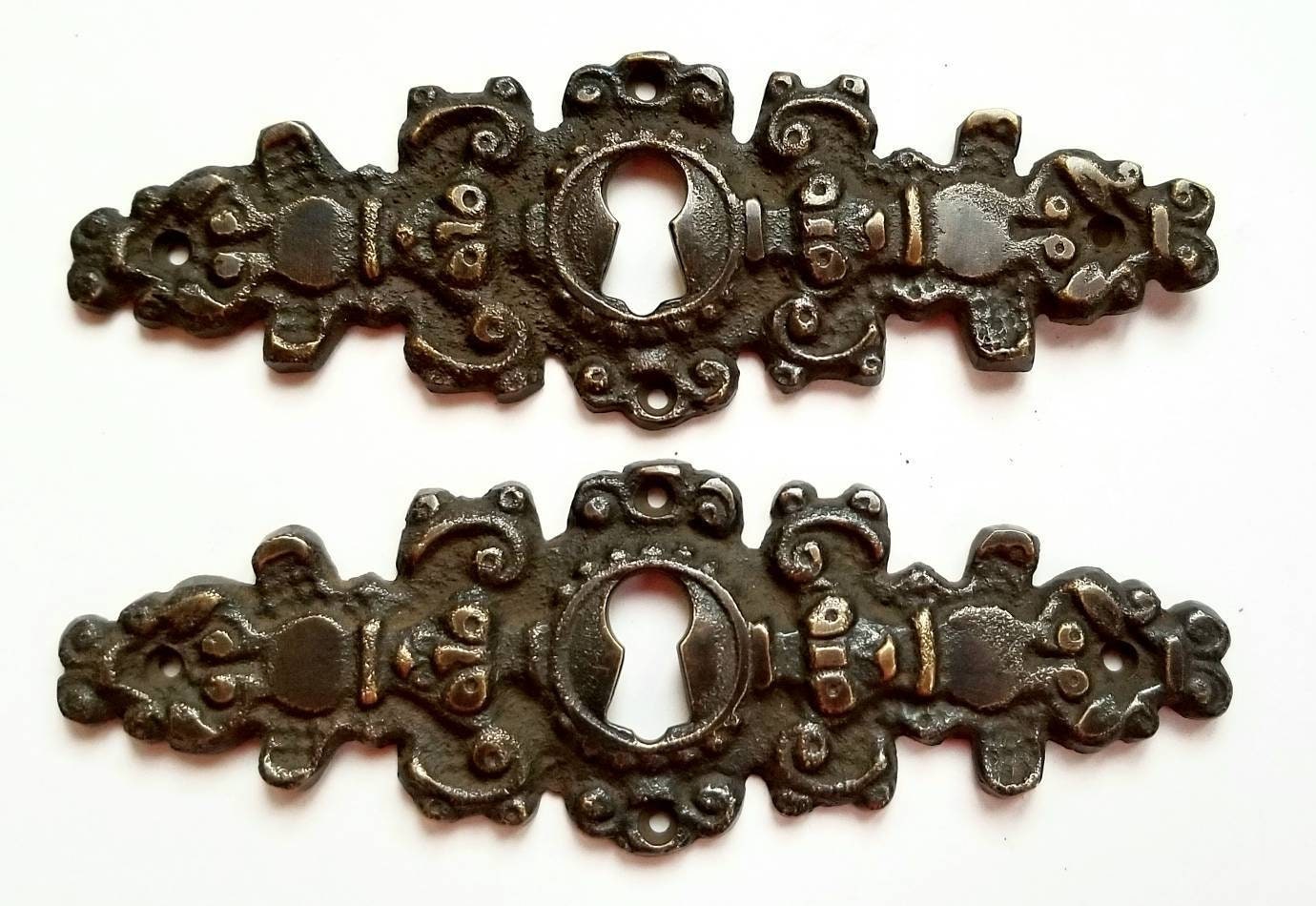 2 Antique French Brass Escutcheon, Hardware Ornate Fancy Keyhole Cover Escutcheon, French Country, approx. 4-1/4" x 1-3/8" #E8