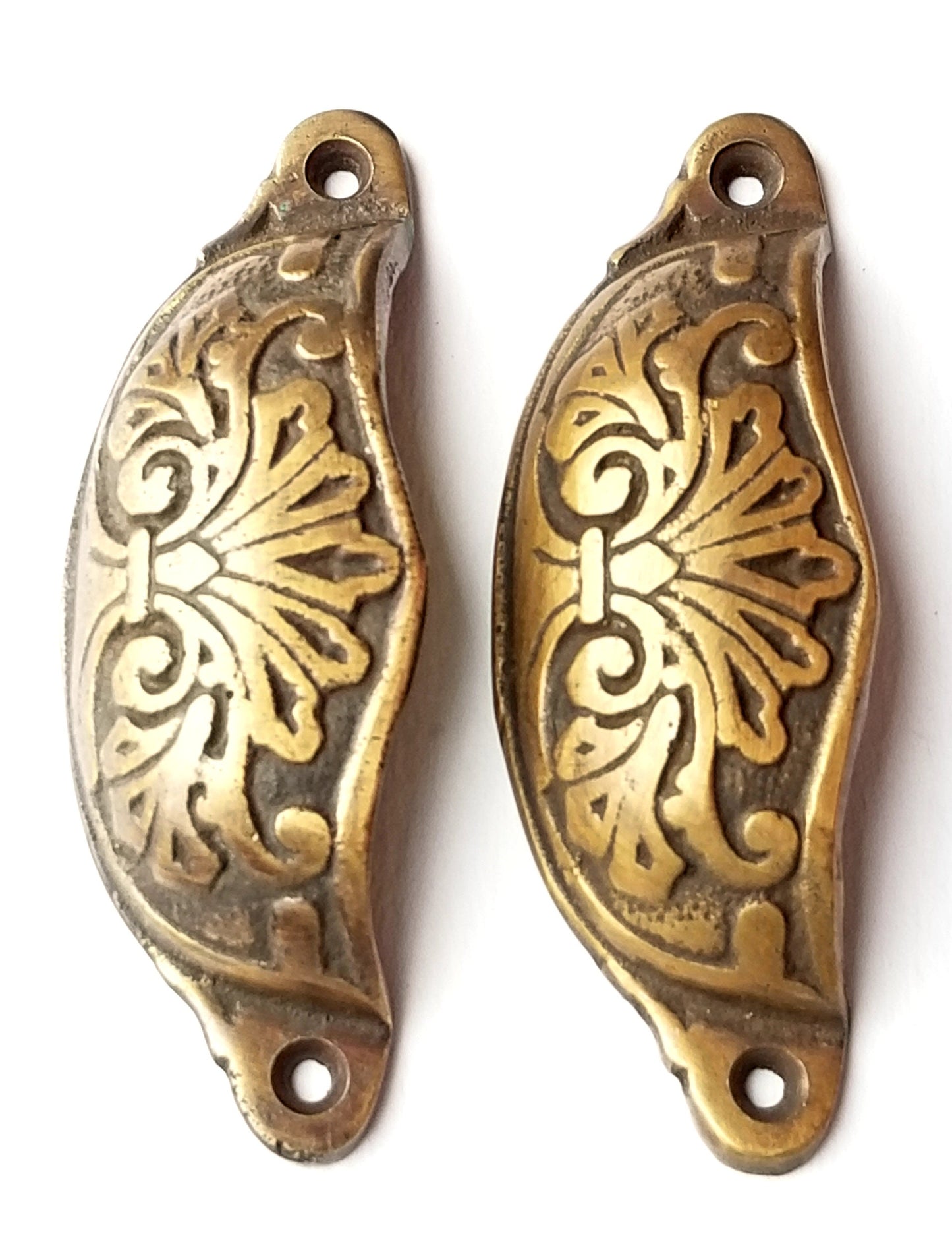 2 x antique style solid brass ornate cabinet apothecary drawer bin pull cup handles 4-1/8"wide (3-1/2" centers) #A1