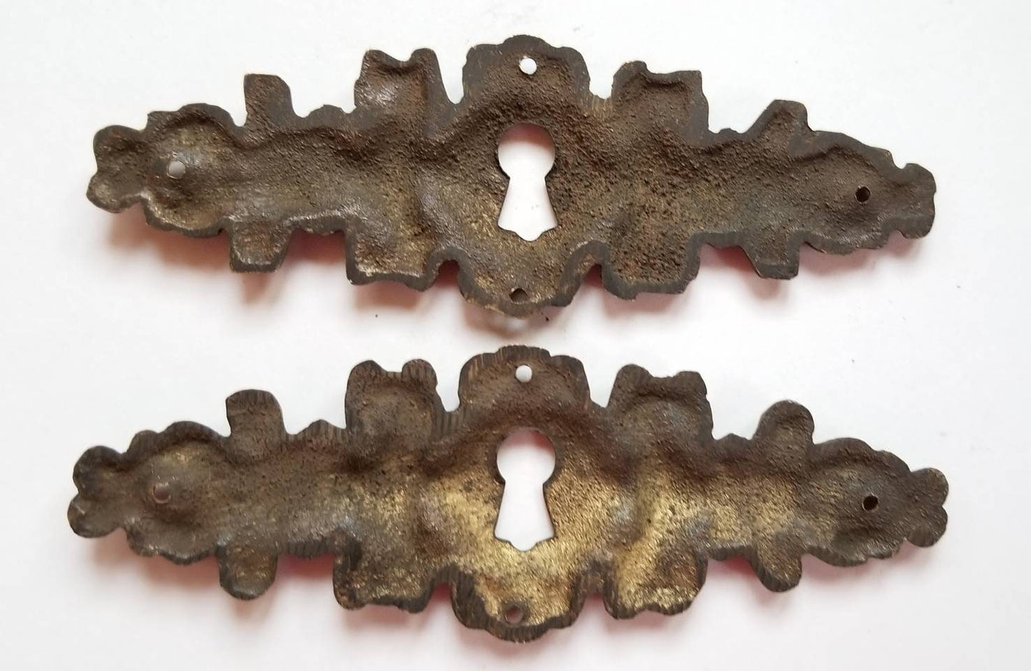 2 Antique French Brass Escutcheon, Hardware Ornate Fancy Keyhole Cover Escutcheon, French Country, approx. 4-1/4" x 1-3/8" #E8