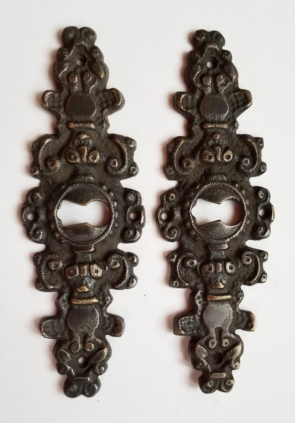 2 Antique French Brass Escutcheon, Hardware Ornate Fancy Keyhole Cover Escutcheon, French Country, approx. 4-1/4" x 1-3/8" #E8