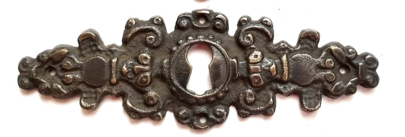 2 Antique French Brass Escutcheon, Hardware Ornate Fancy Keyhole Cover Escutcheon, French Country, approx. 4-1/4" x 1-3/8" #E8