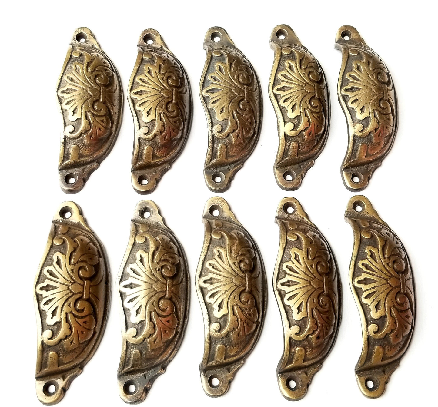 10 x Ornate Apothecary Cabinet Drawer Cup Pull Handles Victorian Style 3-1/2" centers (4-1/8" wide) unlaquered.Kitchen reno woodworking .#A1