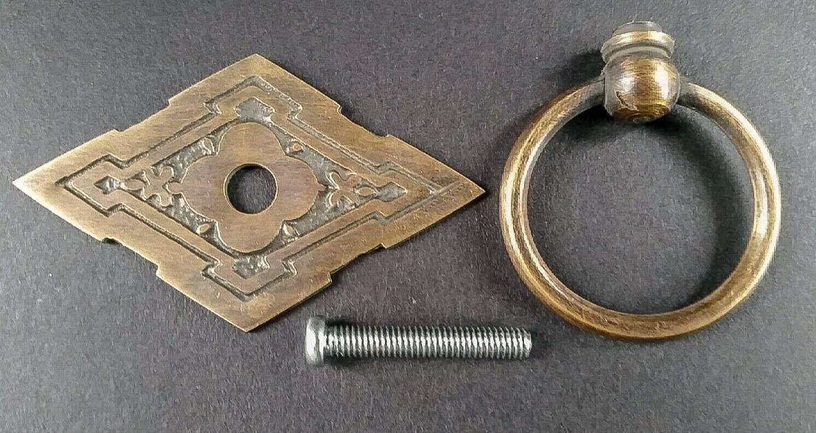 8 x #H15 Antique Style Victorian Eastlake Handles, Ring Pulls, Furniture Hardware, Diamond Backplate Brass Pulls 2-3/8" wide #H15