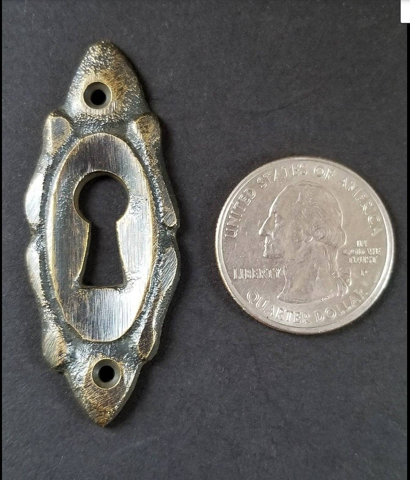 6 Ornate Vertical Small Solid Brass Eschutcheon Keyhole Covers size 2" tall jewelry component #E4