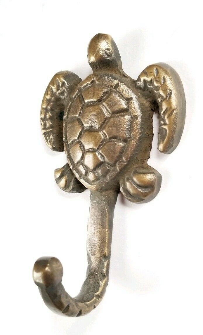 2 Small Sea Turtle Coat Hat Towel Hooks Solid Brass Antique Vtg style 2-1/2" long #C19