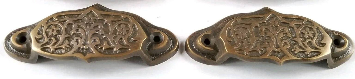 2 Solid Brass Antique Vintage Style Victorian, Art Nouveau Apothecary Bin Pull Handles, Hardware 3-9/16" w. (approx 2-3/4" centers) #A4