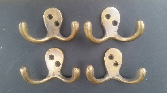 Solid brass double hook, bathroom hook, clothes coat peg. Coat hook wall, vintage old style hook hanger 2-1/2" w x 1-3/4"t #C1