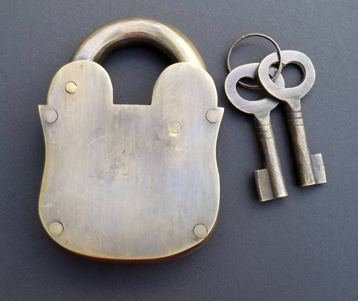 Large 4" PADLOCK Vintage stye old antique Solid Brass with 2 Skeleton Keys heavy weight #L5