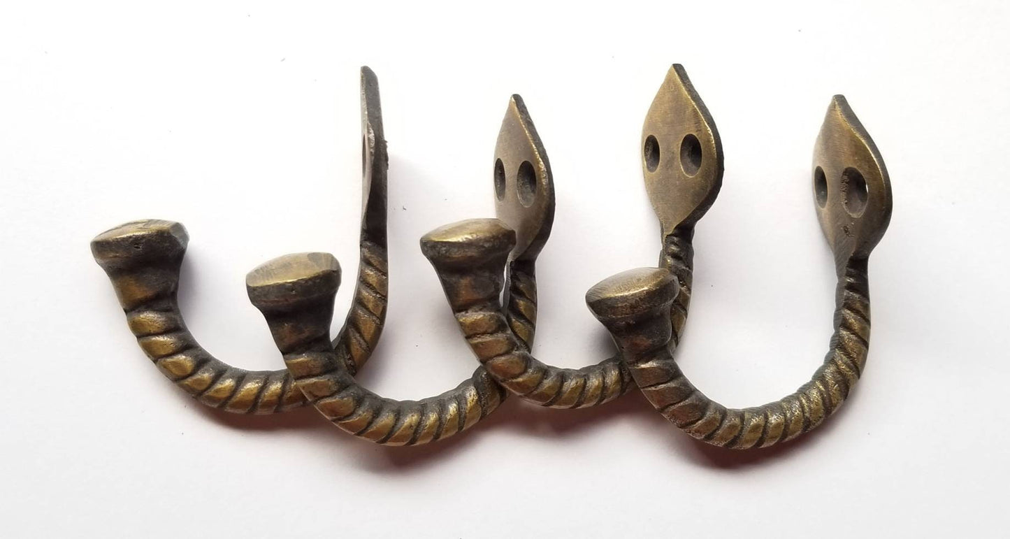 4 x Antique Vintage Style Single Twisted Rope Brass Coat Hat Towel holder Hooks 2-1/4" long.Unlaquered #C6