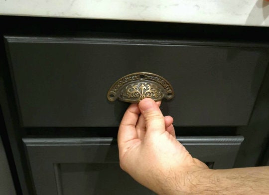 Single Antique Vintage Victorian style brass apothecary bin pull handles 3" centers #A5