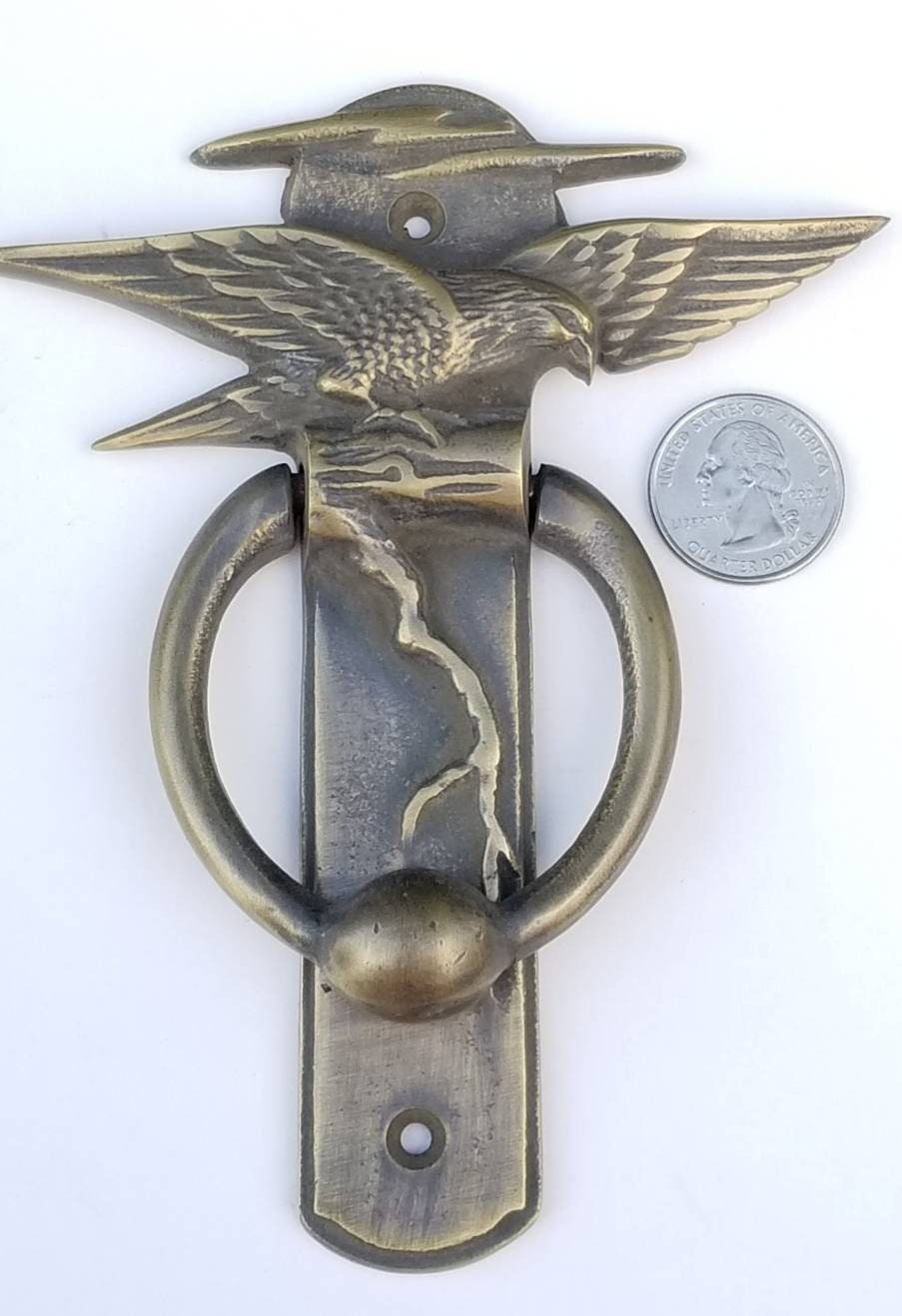 Solid Tarnished Brass Spreadwing Eagle Doorknocker Traditional, Nature Inspired, 5-5/8" long #D1