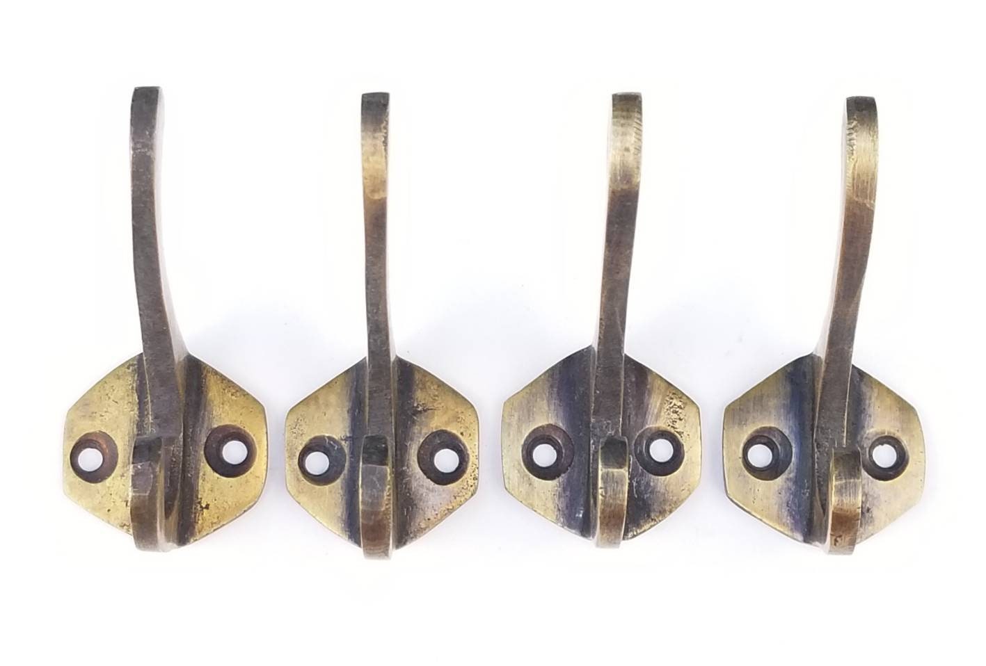 4 x Antique Vintage Style Solid Brass Coat, Hat, Towel Double Hooks with 6 sided backplate 2 1/4" long.Unlaquered.#C3