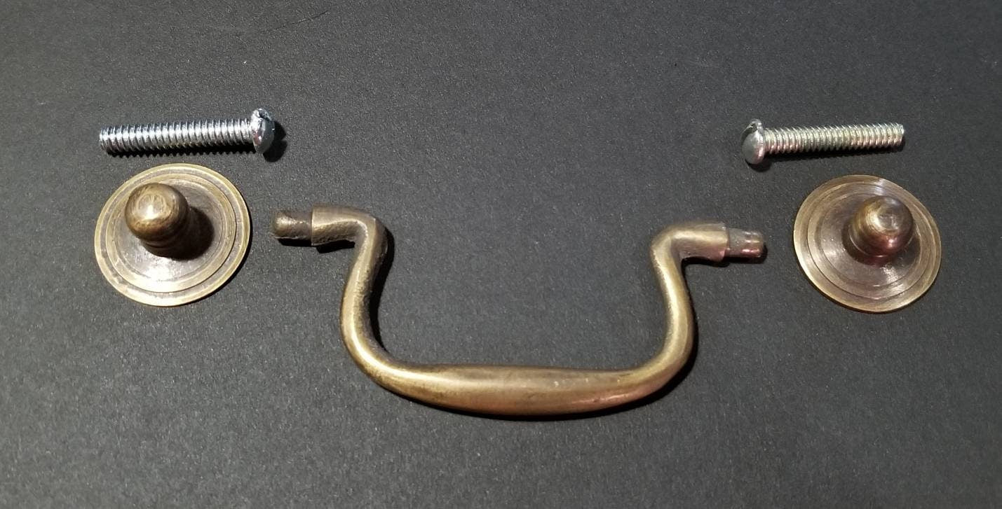 2 x Antique Style Brass Swan Neck Bails Cabinet Drawer Pull handles w Bolts approx. 3"cntr #H39