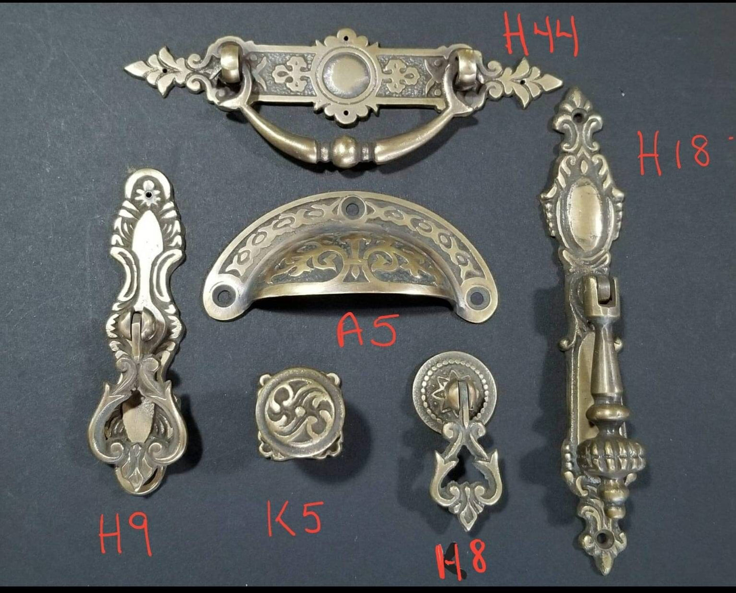 Ornate French Art Nouveau style brass Knobs, Handles, Pulls, Cabinet Hardware with 1" back plate #K5