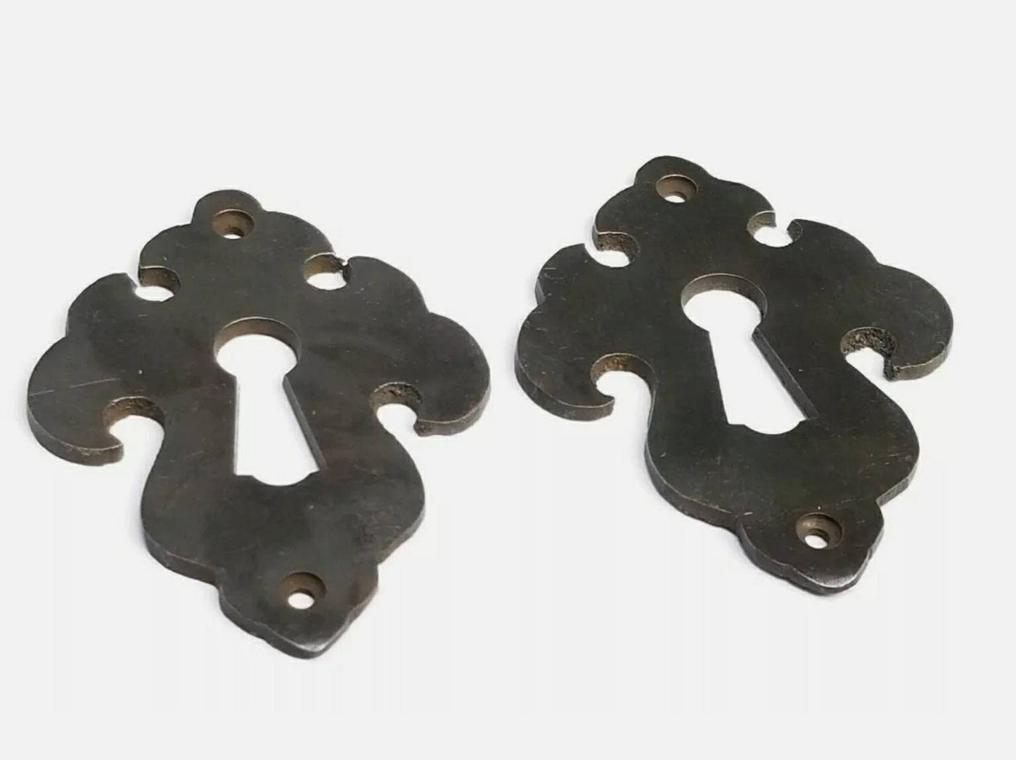 2 Small Antique French Brass Escutcheon Hardware Ornate Fancy Keyhole Cover Escutcheon, French Country, Chippendale Batwing approx 2" #E22