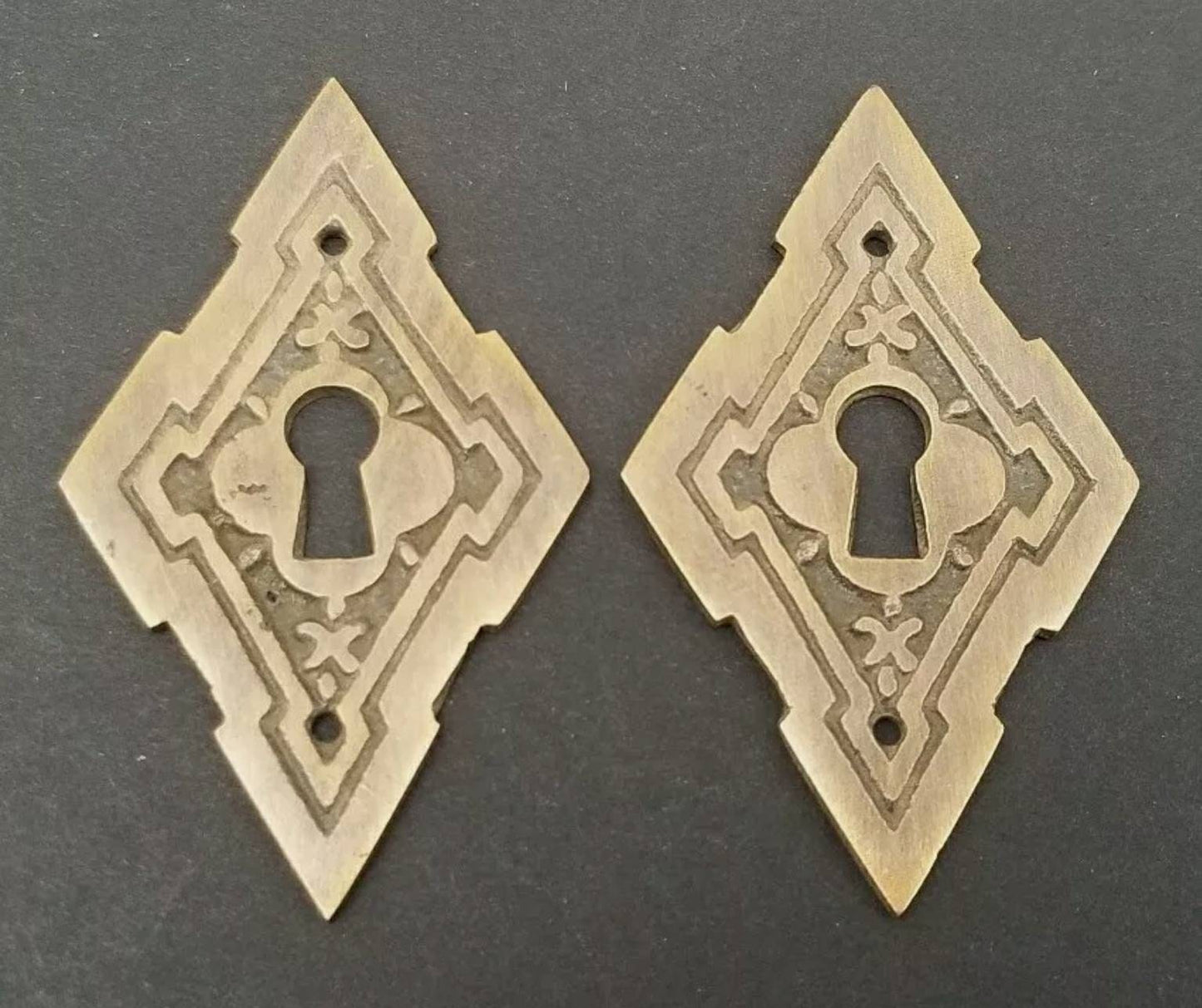 2 Vintage Antique Style East Lake Victorian Diamond Shape Escutcheons Skeleton Key Hole Covers 2"tall #E23