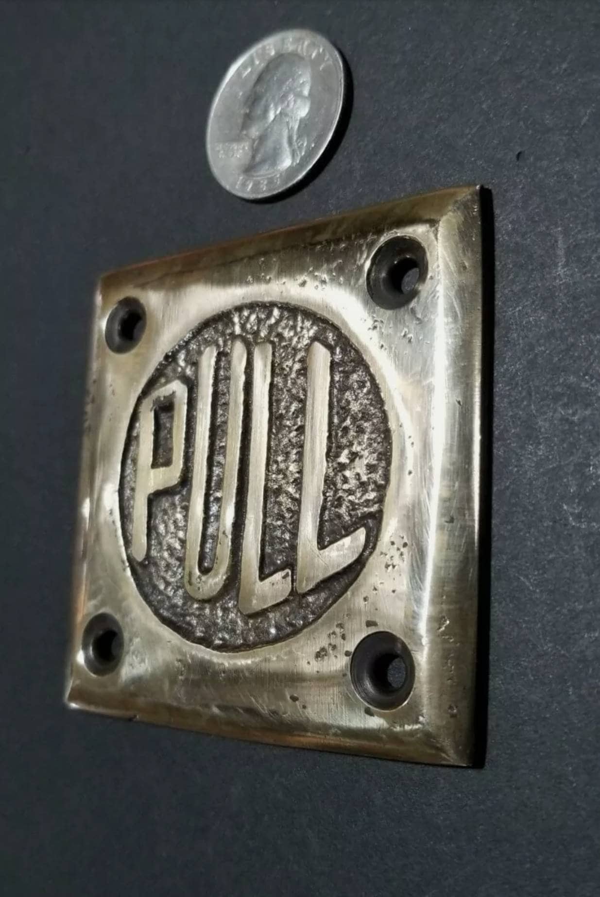 Art Deco Door PULL sign Rare Unique Antique POLISHED solid brass 2- 1/2" .Gate sign pull.unlaquered. #F15s