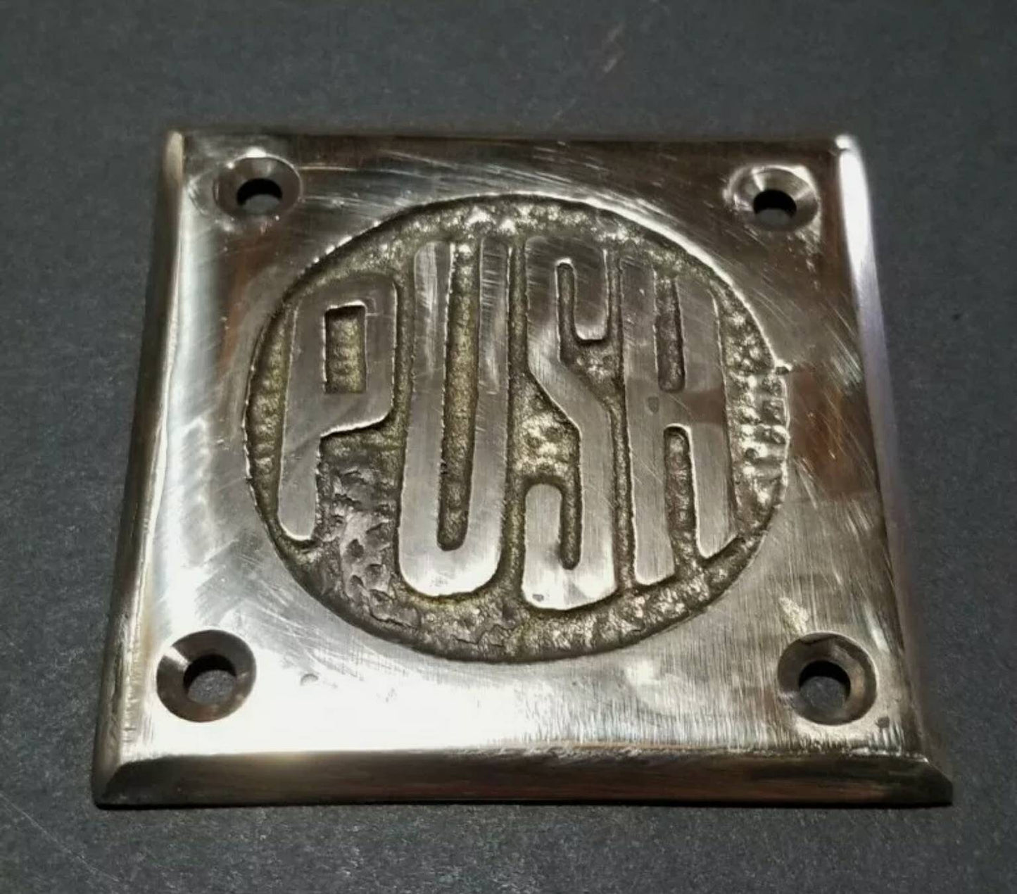PUSH sign plaque Rare Antique Style POLISHED solid brass 2-1/2" #F14s