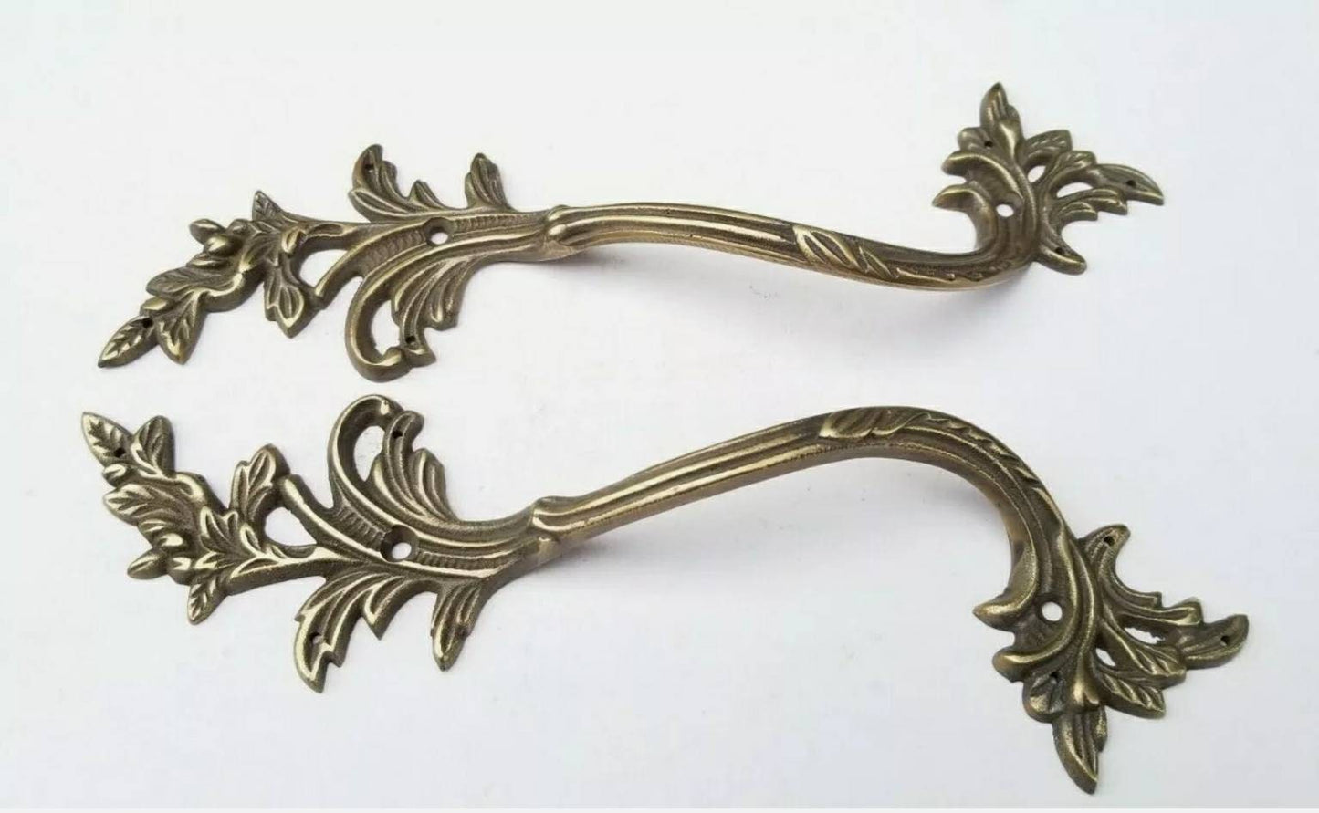Set Left and Right Large French Louis XIV Rococo, French Provincial Door or Cabinet Handles in Solid Brass 9"Tall. Unlaquered #P6