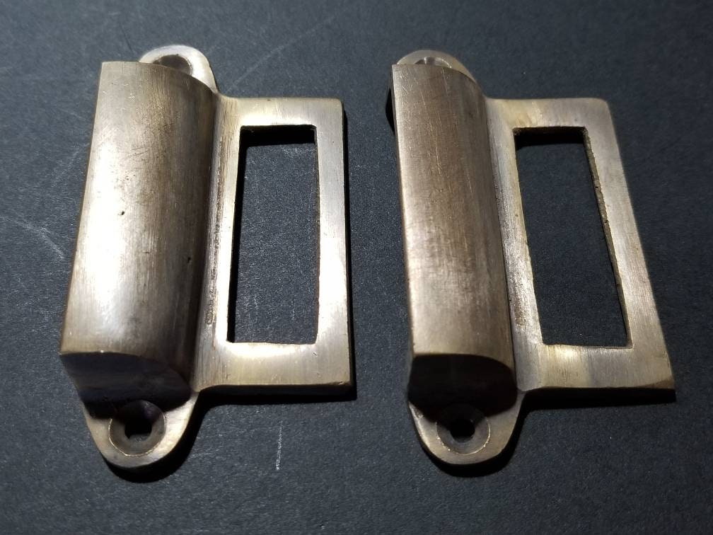 1 x Antique Vtg. Style Card File Cabinet Handle, File Label Holders with Cup Bin Pull, Organizing label windows 2-3/4" cntr (3-1/4"w) #A17