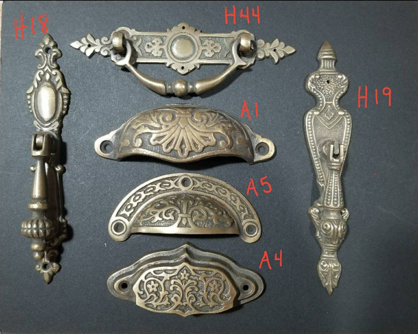Solid Brass Antique Vintage Style Victorian, Art Nouveau Apothecary Bin Pull Handles, Hardware 3-9/16" wide #A4