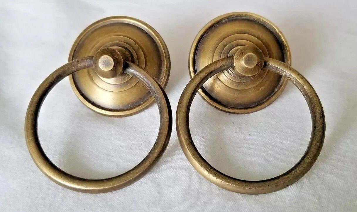 2 Rustic Antique Style Brass Round Ring Pull Handles Backplate 1-3/8"dia x Ring Pull 1-3/4"dia .Unlaquered. #H45