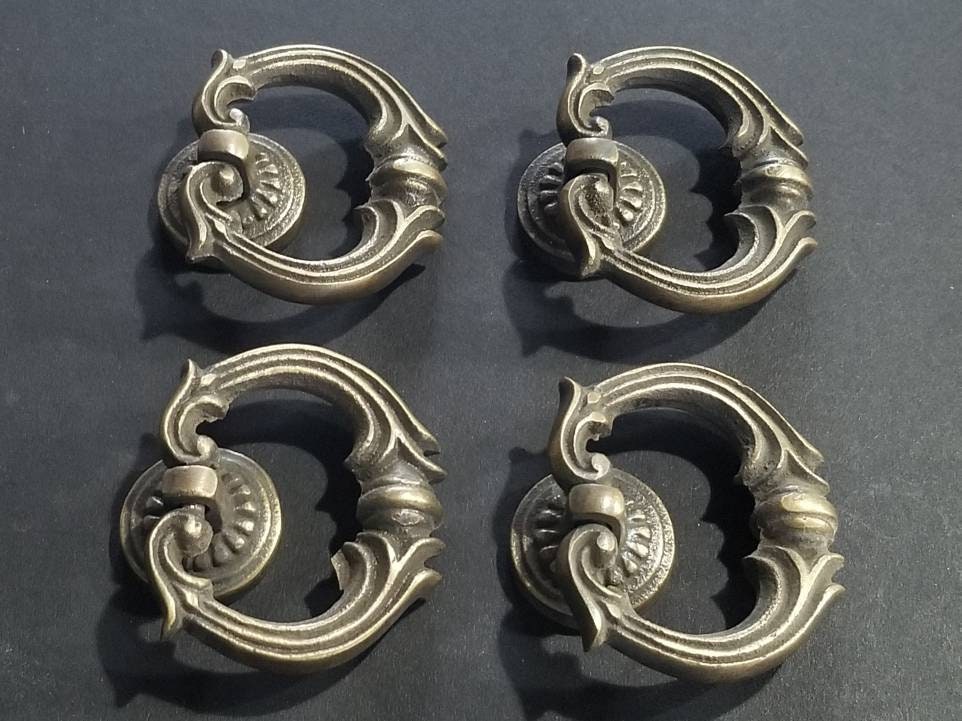 Ornate Solid Brass Ring Pull Handle with Detailed Drop Ring and Backplate Antique Vintage Style 1-3/4", Superb quality #H10