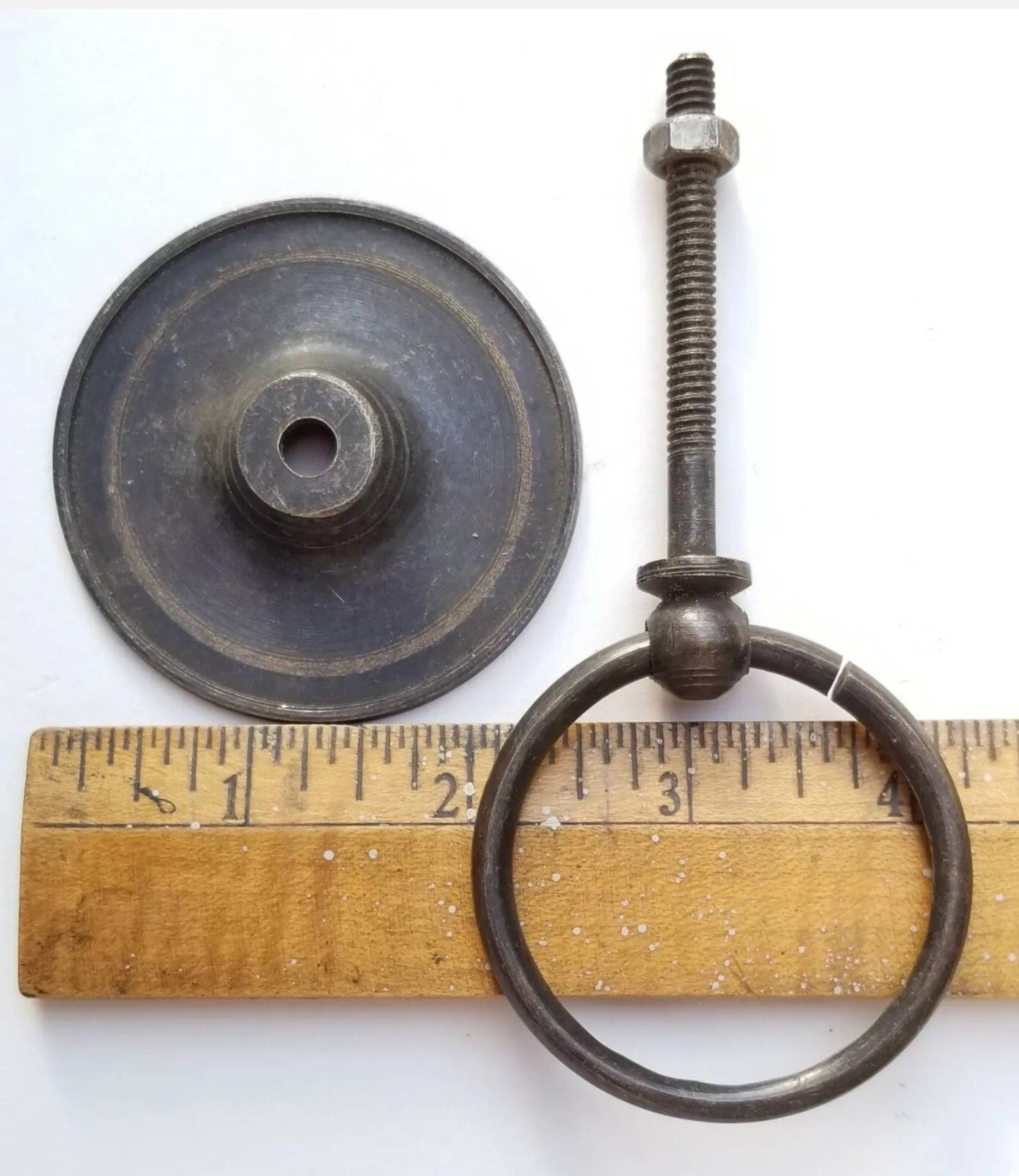 2 x Vintage Antique Style Solid Brass Ring Pull Handles mount with bolts.Unlaquered. #Q9