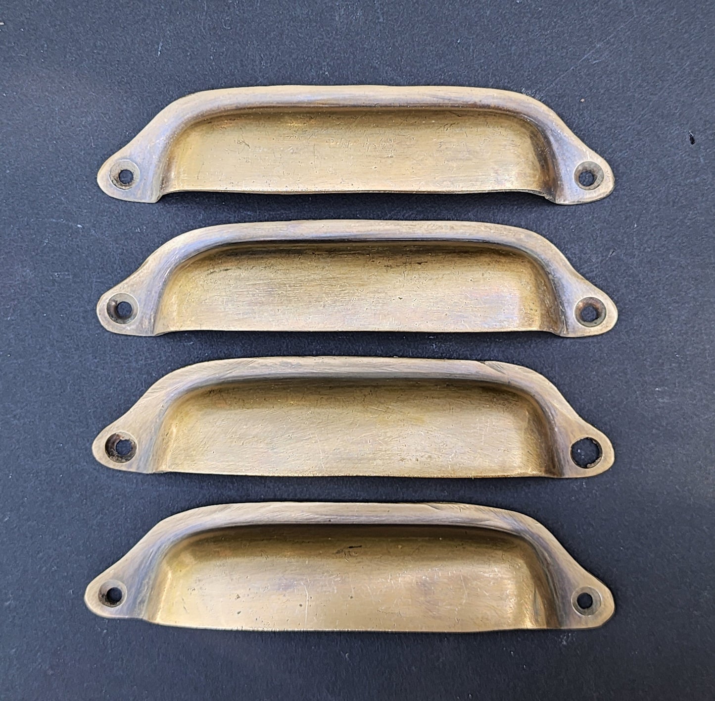 Antique Style Brass Apothecary Cup Drawer Cabinet Bin Pulls Handles 4-1/2" centers (also as sample for larger orders) Unlaquered. #A21.