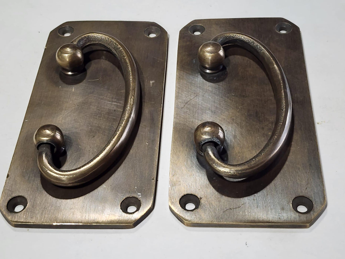 2 Antique Vintage Style Solid Brass Box Trunk Chest Door Handles 4 1/4"w.Unlaquered. #P11