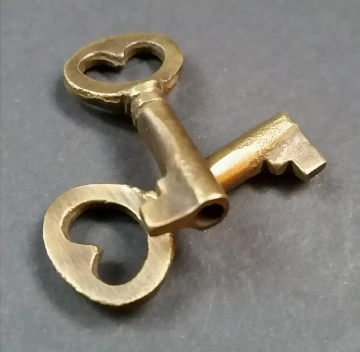 Two Unique Small Antique Vintage Style Brass Heart, Love, Commitment Skeleton Key to my Heart,Jewelry component unlaquered 1-13/16" long #L6